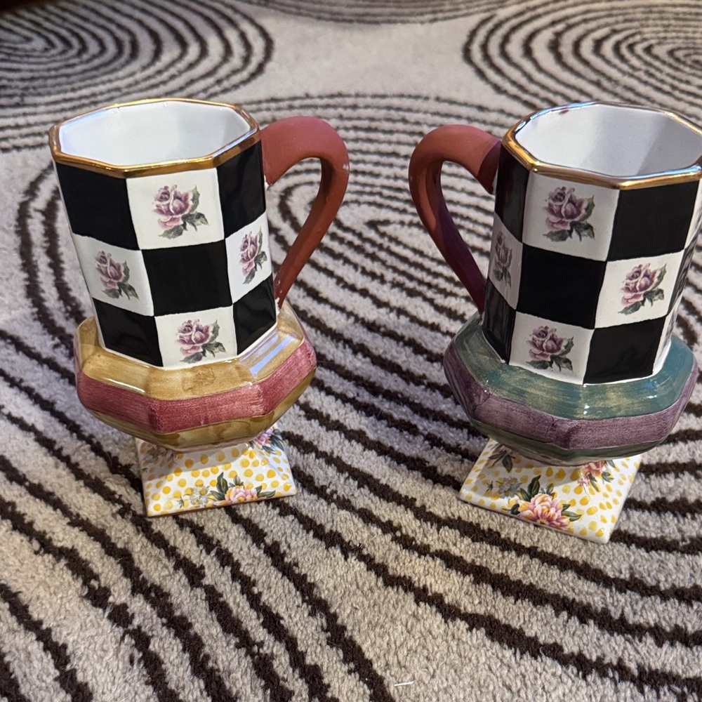 Mackenzie- Childs Checkered Floral Mugs with Gold Accents